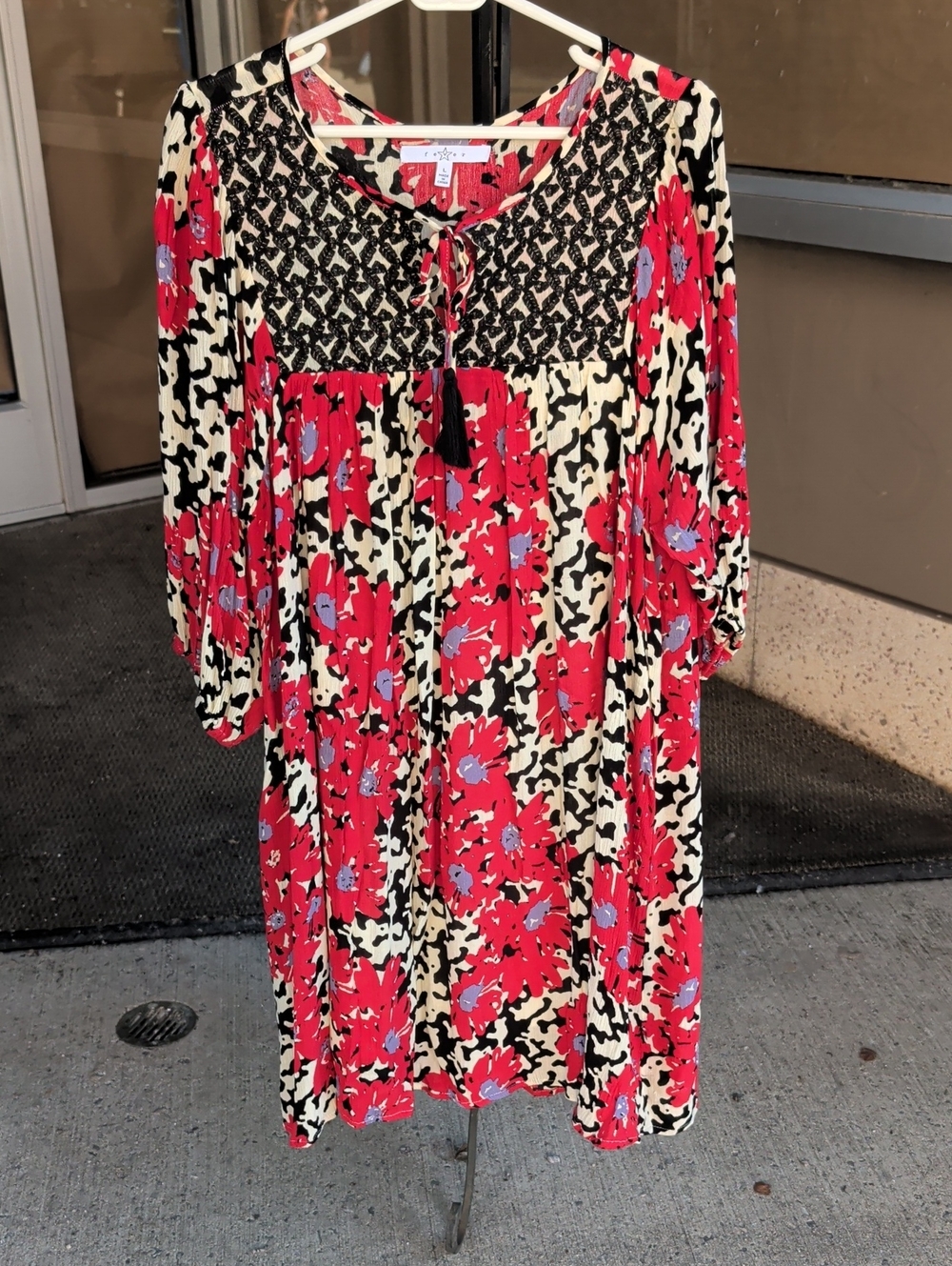 Fever Red Floral Midi Dress with Black Smocked Yoke